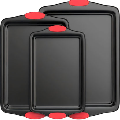 Nonstick Baking Pan Set of 3, Carbon Steel Baking Sheets with Red Silicone Handles, Double-Sided Non-Stick Coating, Oven & Toaster Safe, Professional Bakeware for Home & Commercial Kitchen Use