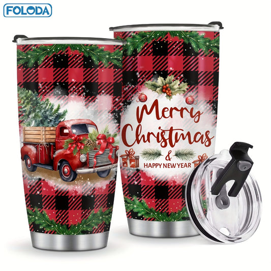 Christmas Tumbler 20oz Stainless Steel Insulated Travel Mug with Lid & Straw Holiday Xmas Patterns Red Truck Snowman Santa Gift for Men Women Friends Teachers