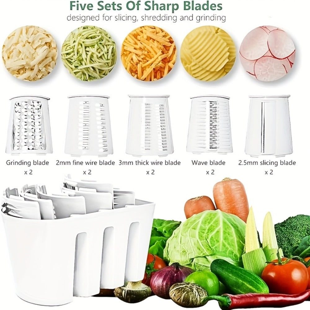 Rotary Cheese Grater with Interchangeable Blades – 5-in-1 Manual Vegetable Slicer Shredder Set, Suction Cup Base, Easy to Clean, Multifunctional Kitchen Tool for Fruits, Vegetables & Nuts