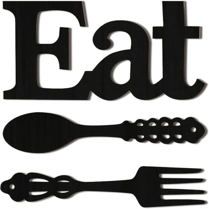 EAT Sign Wall Decor with Fork and Spoon | Rustic Wood Hanging Letters for Kitchen Dining Room | Country Farmhouse Wall Art Wooden EAT Decoration in Black