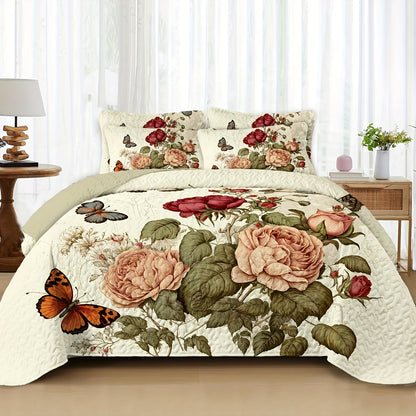 Boho Quilt Comforter Set Twin Full Queen King - Floral Bedding Lightweight Soft Microfiber Reversible Bedspread for Women Girls 2/3 Pcs All Season