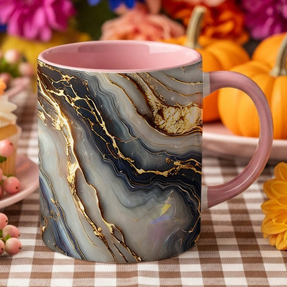 Agate Golden Vein Coffee Mug 11 Oz – Luxury Marble Pattern Ceramic Cup for Home & Office – Elegant Gift for Birthday, Mother's Day & Christmas – Black, White & Pink