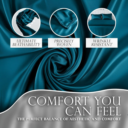 Satin Sheet Set 4 Piece Luxury Silky Smooth Soft Microfiber 15 Inch Deep Pocket Good for Hair Skin Double Stitching Wrinkle Free Twin Full Queen King