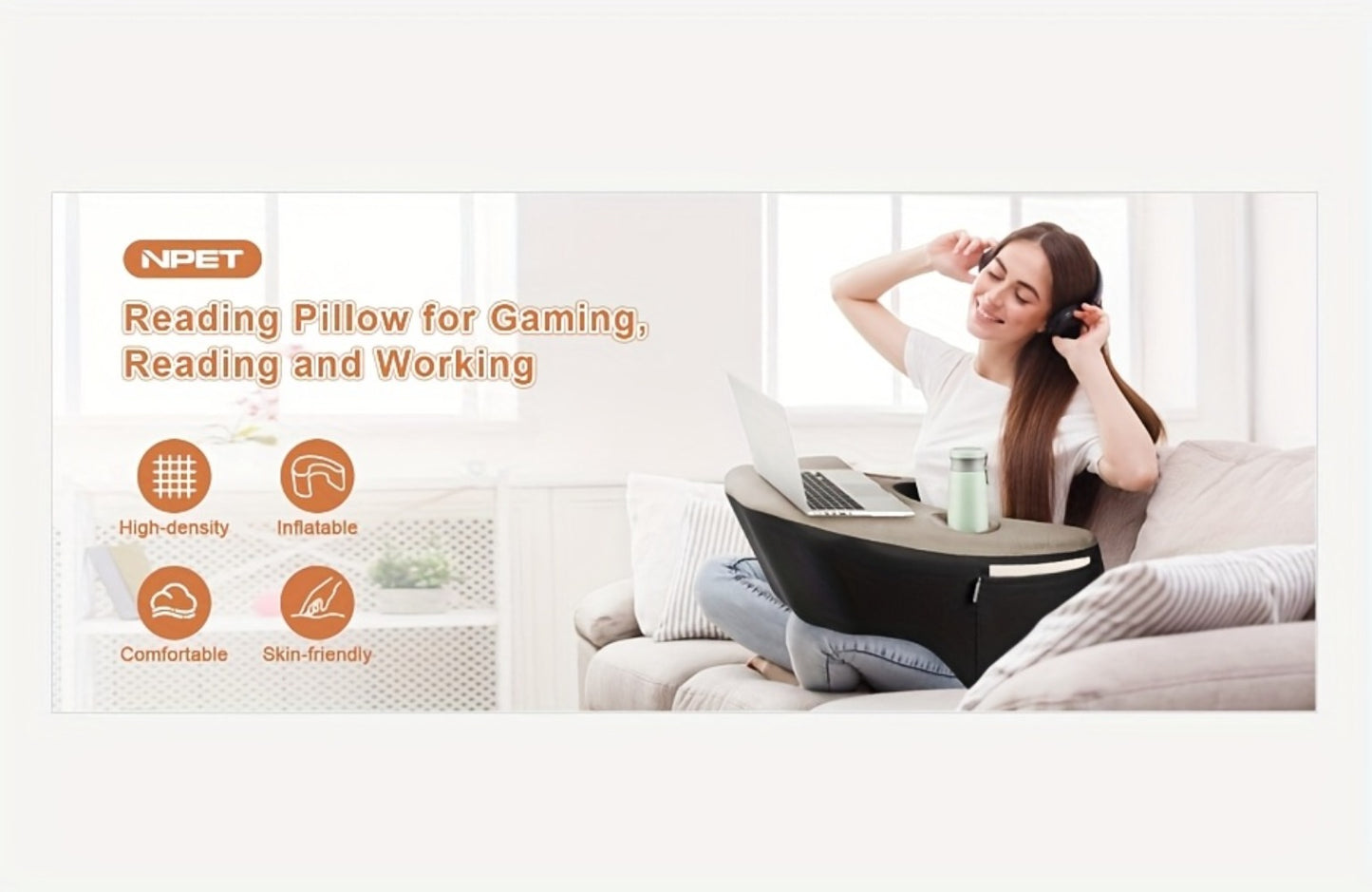 Reading Pillow with Armrests Ergonomic Bed Rest Pillow Back Support Cushion Side Pockets Cup Holder Washable Cover for Gaming Reading Working Sofa Bed Black Grey