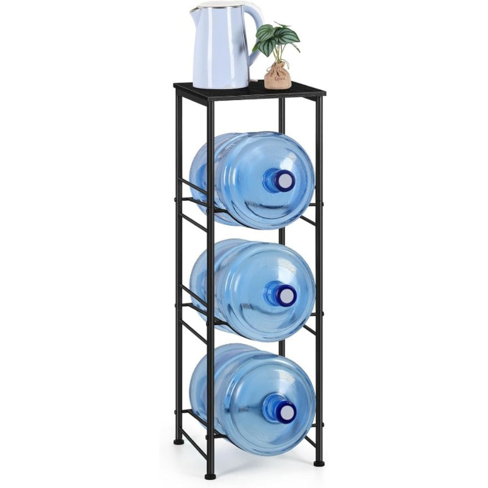 5-Gallon Water Jug Holder 3-Tier – Heavy Duty Water Bottle Rack Organizer with Top Shelf & Adjustable Legs for Kitchen, Living Room & Office – Particleboard & Steel Frame, White, Brown & Black