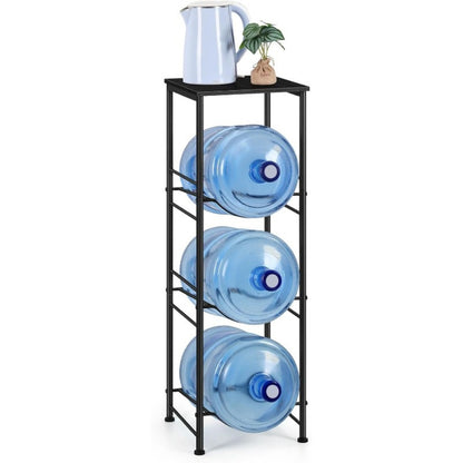 5-Gallon Water Jug Holder 3-Tier – Heavy Duty Water Bottle Rack Organizer with Top Shelf & Adjustable Legs for Kitchen, Living Room & Office – Particleboard & Steel Frame, White, Brown & Black