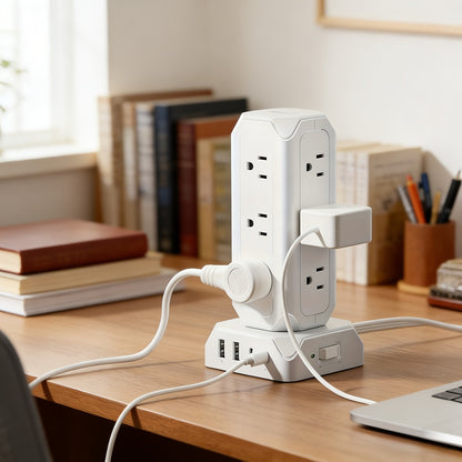Power Strip Tower 16-in-1 Surge Protector 12 AC Outlets 4 USB Ports USB-C PD20W 1800J Protection Desktop Charging Station 10ft or 15ft Extension Cord for Office School Dorm White