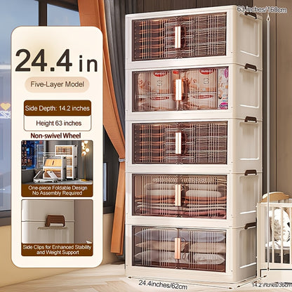 Folding Storage Cabinet with Wheels, 3/4/5-Tier Stackable Plastic Storage Bins with Lids & Magnetic Doors, Foldable Large Organizer with 360° Lockable Wheels for Home Office Kitchen Bathroom Garage