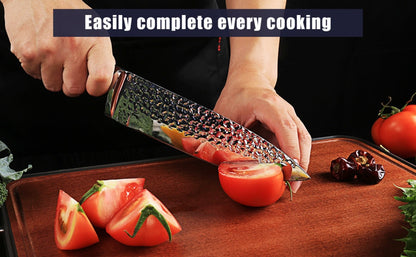 Kitchen Knife Set 15 Piece – Chef Knife Block Set with Self-Sharpening Wooden Block, Steak Knives & Hammered Stainless Steel Blades, Perfect Gift for Home Cooks & Men
