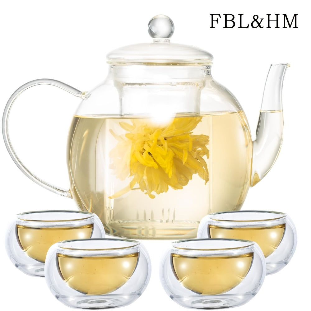 Glass Teapot with Removable Infuser 51oz Borosilicate Clear Tea Kettle Stovetop Safe for Loose Leaf Blooming Herbal & Flower Tea – 1530ml Tea Pot with Optional Teacup Set