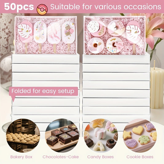 Cookie Boxes with Clear Lids 50pcs - White Bakery Boxes with Window for Macarons, Chocolates, Candy, Pastry - Paper Gift Boxes for Wedding, Christmas, Father's Day, Birthday Party Favors & Professional Baking