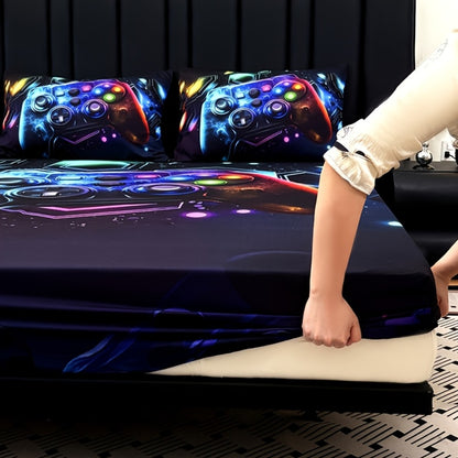 Gaming Bed Sheet Set 3pcs Fitted Sheet + 2 Pillowcases Gamepad Bedding Deep Pocket Machine Washable Boys Girls Dorm Room Decor Gift for Gamers (No Filling)
