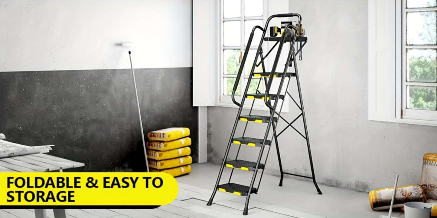 6 Step Ladder with Handrails & Tool Platform 800 LBS – Folding Step Stool Wide Pedal Steel Safety Ladder for Adults, Painting, Home, Garage & Outdoor Use – Auto Safety Lock, Compact Storage