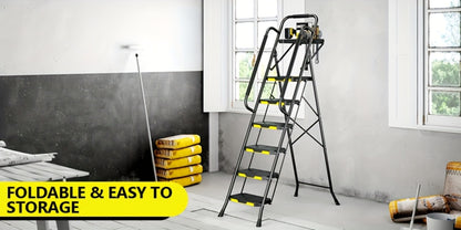 6 Step Ladder with Handrails & Tool Platform 800 LBS – Folding Step Stool Wide Pedal Steel Safety Ladder for Adults, Painting, Home, Garage & Outdoor Use – Auto Safety Lock, Compact Storage