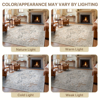 Runner Rug Machine Washable Non-Slip Vintage Hallway Area Rug Low Pile Lightweight Boho Floral for Entryway Kitchen Corridor Light Taupe Brown
