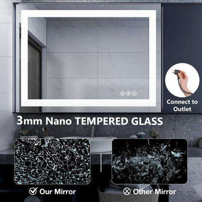 LED Bathroom Mirror with Anti-Fog – Dimmable Vanity Mirror, 3 Color Lighting Modes, Dual Light Source, Wall Mounted Horizontal or Vertical, Tempered Glass, Multiple Sizes