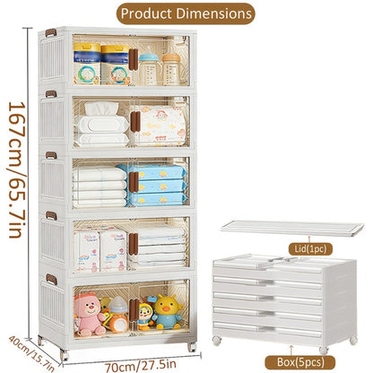 Stackable Foldable Storage Cabinet with Door – PP Plastic 1/2/3/4/5 Layer Organizer Box with Wheels & Cover | Dual-Access Home Storage for Clothes, Books, Snacks & Kitchen Supplies | Office & Garage