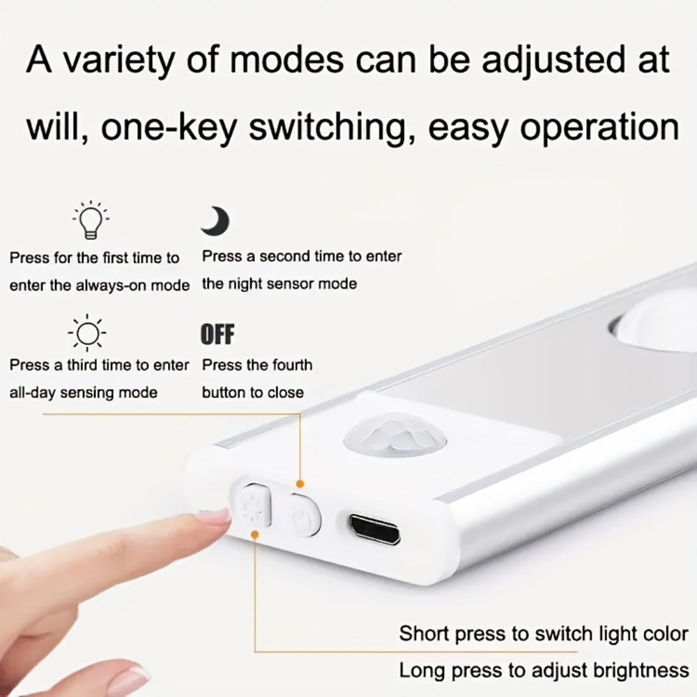 Motion Sensor LED Strip Light USB Rechargeable – 3-Color Dimmable Wireless Night Light for Kitchen, Wardrobe, Cabinet, Shoe Cabinet & Bedroom (20cm / 30cm / 40cm / 50cm, 1 or 2 Pack)