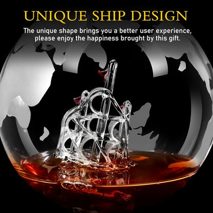 Whiskey Decanter Set with Glasses and Wooden Stand Ball Globe 28oz or Sailboat 44oz Etched Crystal Glass Cups for Whiskey Bourbon Scotch Birthday Wedding Anniversary Gift