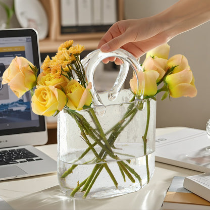 Glass Purse Vase for Flowers – Handbag Shape Clear Decorative Flower Vase, Home Table Decor, Gift