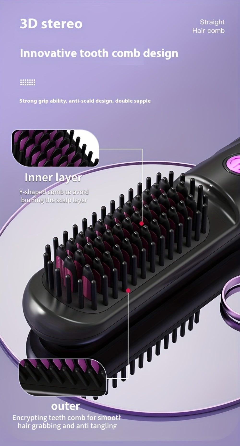 Wireless Hair Straightener Comb - Portable Cordless Straightening Brush with 3-Min Fast Heat, 3 Temp Settings 170-190°C, Negative Ion Technology, 3D Comb Design, Lightweight Travel Hair Straightener