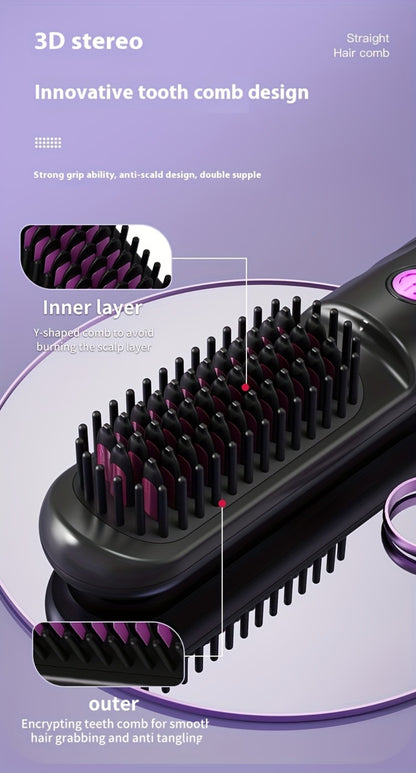 Wireless Hair Straightener Comb - Portable Cordless Straightening Brush with 3-Min Fast Heat, 3 Temp Settings 170-190°C, Negative Ion Technology, 3D Comb Design, Lightweight Travel Hair Straightener