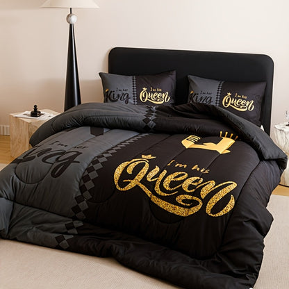 Comforter Set 3-Piece – Soft Breathable Quilt with 2 Pillowcases, Black Grey Color Block Crown Letter Print, Twin Full Queen King, 180GSM Bedroom Bedding Set