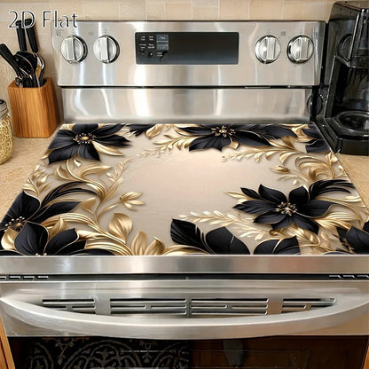 Gas Stove Protector Mat Luxury Black Gold Floral | Heat-Resistant Stain-Proof Cooktop Cover | Reusable for Induction Cooker, Glass Cooktop, Oven & Washer Dryer Top