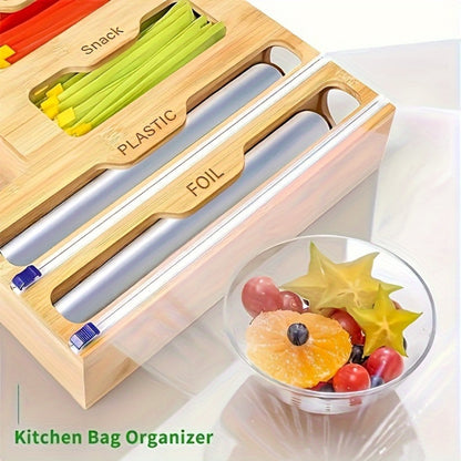 Bamboo Ziplock Bag Organizer Box for Kitchen Drawer - Adjustable Dividers, Compatible with Gallon Quart Sandwich Snack Bags, Space-Saving Fresh-Keeping Storage, Easy to Clean, Durable