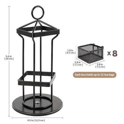 Tea Bag Organizer 360-Degree Spinning Carousel with 8 Compartments – Lazy Susan Tea Bag Holder Display Rack for Kitchen Counter Coffee Bar Home Office – Black
