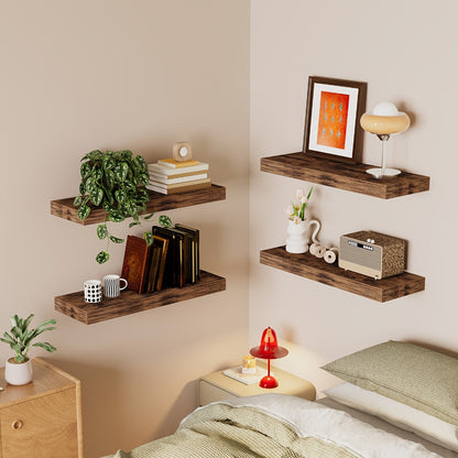 Floating Shelves for Wall 4/8pcs 15.8 Inch, Rustic Wood Wall Shelves with Invisible Brackets, Wall Mounted Display Shelf for Home Decor, Living Room, Bedroom, Bathroom – Walnut, Brown, Black, White, Gray