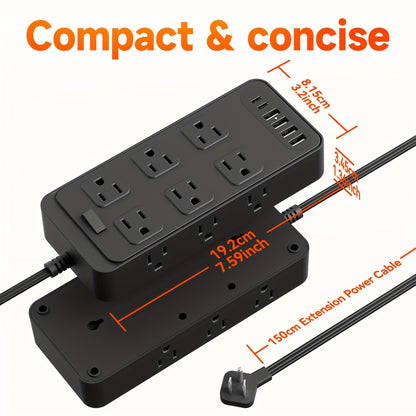 USB Extension Cord Power Strip 18-in-1 with 12 AC Outlets 6 USB Ports Surge Protector Overload Protection Switch 5FT 10FT for Home Kitchen Office Travel Accessories Black White