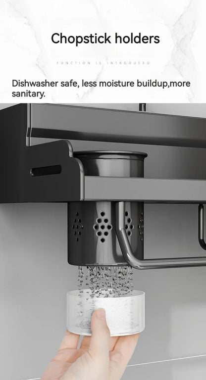 Kitchen Wall Mounted Storage Rack Double Layer – No-Drill Organizer with Knife Slots, Chopstick Holder & Towel Bar, Space-Saving Floating Shelf for Kitchen Counter, 19.69 Inch (Black)