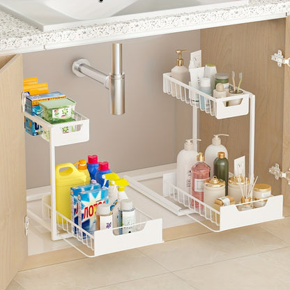 Under Sink Organizer 2-Tier Sliding Pull-Out Metal Rack Cabinet Storage for Kitchen Bathroom Refrigerator Adjustable Shelf Organizer in Black White Gray