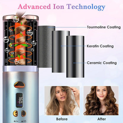 Cordless Curling Iron 1 Inch USB Rechargeable, Automatic Rotating Ceramic Curling Wand with 6 Heat Settings LCD Display, Scald-Free Detangle Hair Curler for All Hair Types Wet Dry Styling