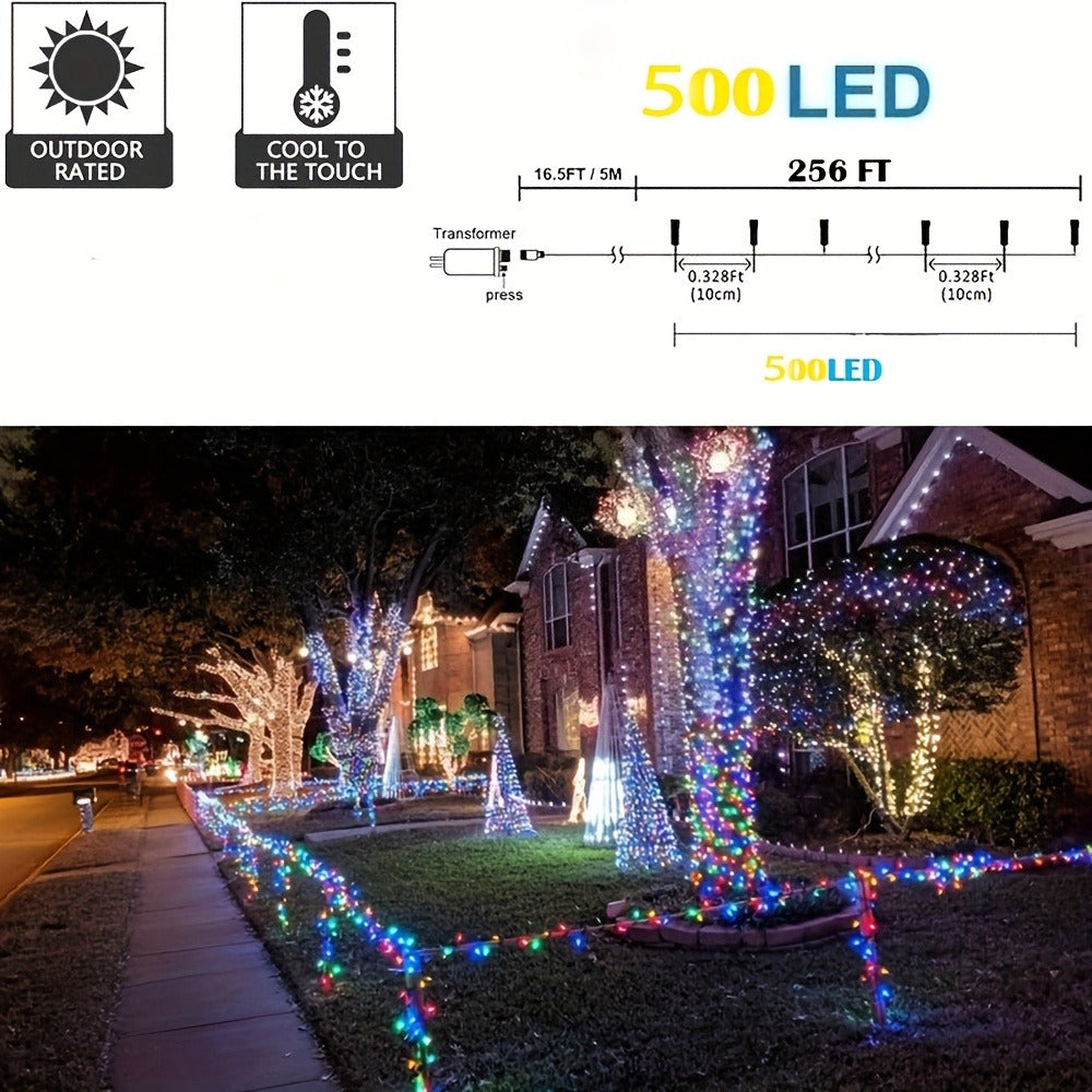 500 LED Christmas String Lights 170 Feet – 8 Lighting Modes with Memory Plug, Transparent Wire Outdoor Lights for Christmas Tree, Party, Balcony & Holiday Decoration – Warm White & Multicolor