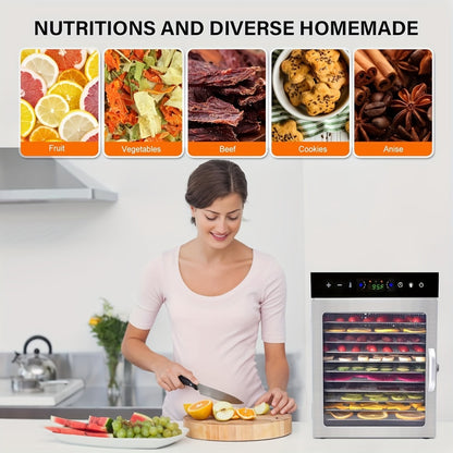Food Dehydrator 12 Stainless Steel Trays 800W 24H Digital Timer 86-194°F Temperature Control 360° Hot Air Circulation for Jerky Fruit Herbs Vegetables with Recipe Book
