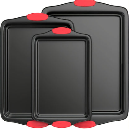 Carbon Steel Nonstick Baking Pan Set 3 or 9pcs Commercial Grade Restaurant Quality Nonstick Inside and Outside Oven Baking Pan with Red Silicone Handle Gray