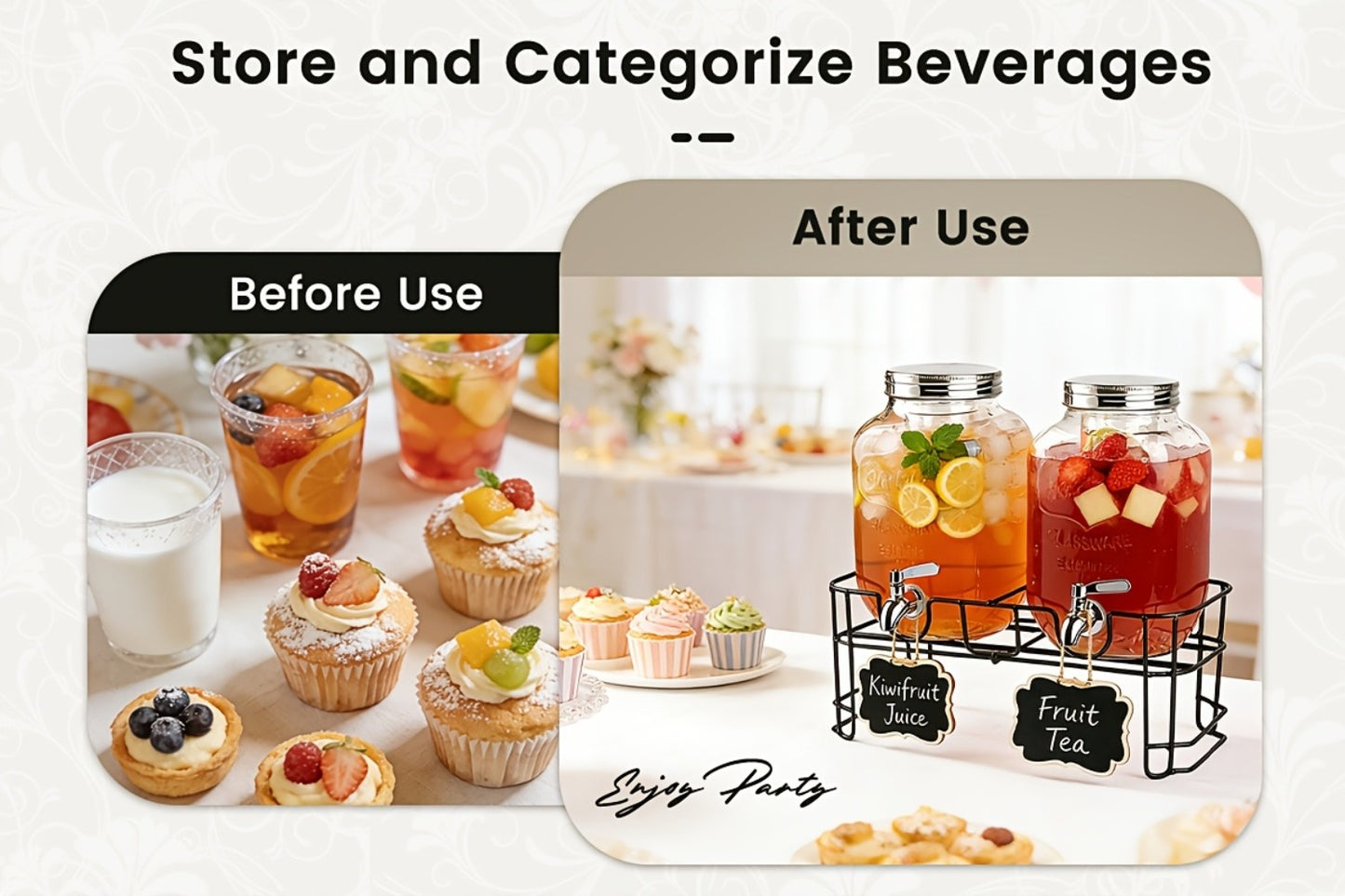 Glass Drink Dispenser with Fruit Infuser, Ice Cylinder & Stainless Steel Spigot – 1 Gallon Beverage Dispenser with Stand for Parties, Weddings, BBQ & Lemonade
