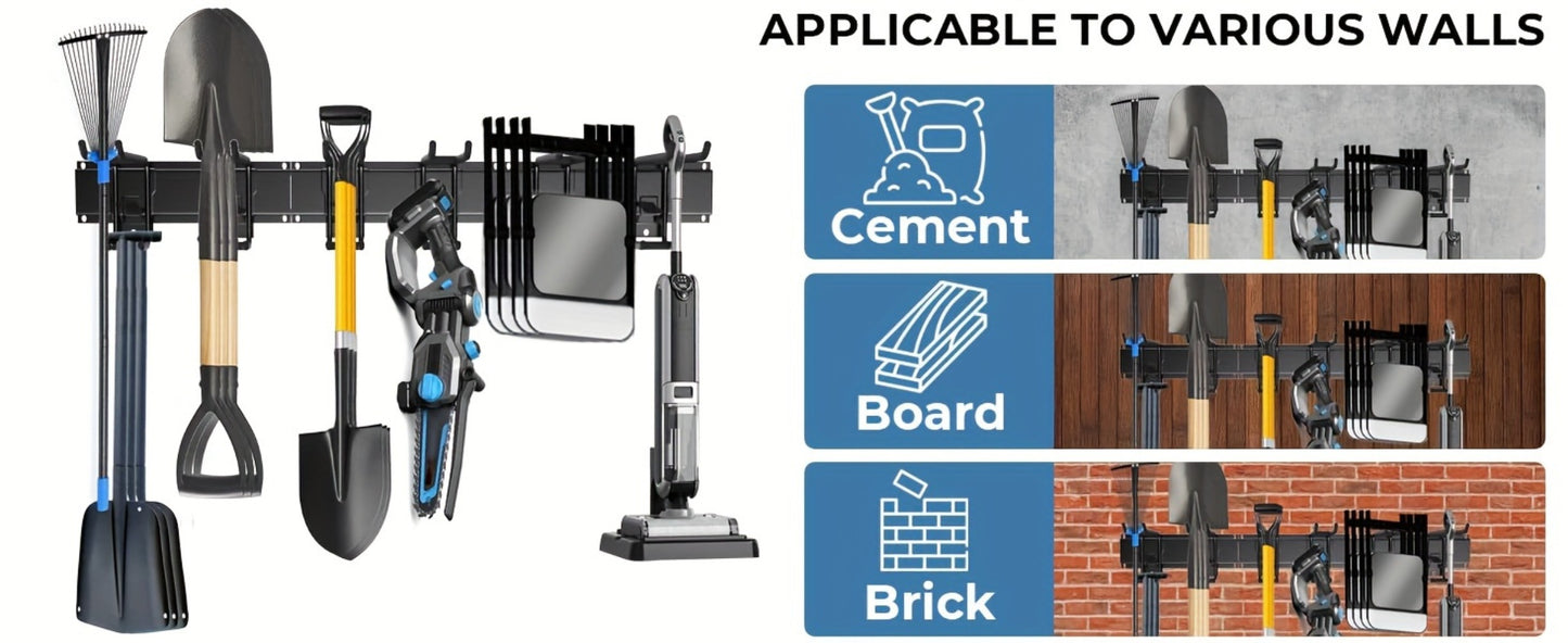 Garage Tool Organizer Wall Mount 48" – Heavy Duty Pegboard with Adjustable Swivel Hooks, 1 Double Hook & 5 Straight Hooks, Holds 420lbs, Broom Holder for Yard Tools, Shovels, Hoses & Garden Equipment