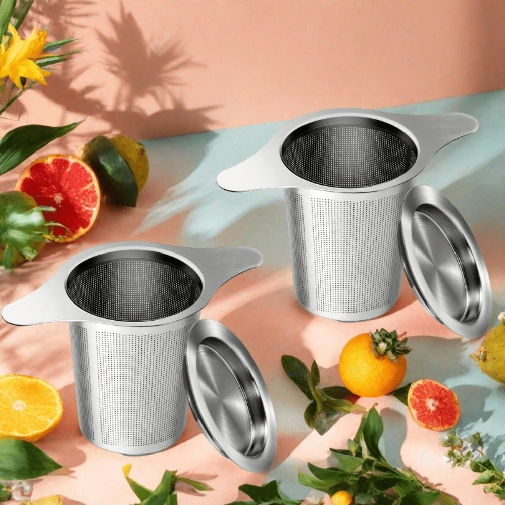 Stainless Steel Tea Strainer Set of 4 with Lid – Fine Mesh Tea Infuser with Dual Handles for Loose Leaf Tea, Herbs & Spices – Ergonomic Grip, Durable & Easy to Clean