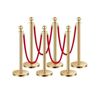Stanchion Posts with Red Velvet Rope Set - Gold Crowd Control Barrier, 201 Stainless Steel Queue Poles with Sand-Fillable Base & 4-Way Connectors, for Wedding Event Party Museum Hotel, 4/6/8 Pcs
