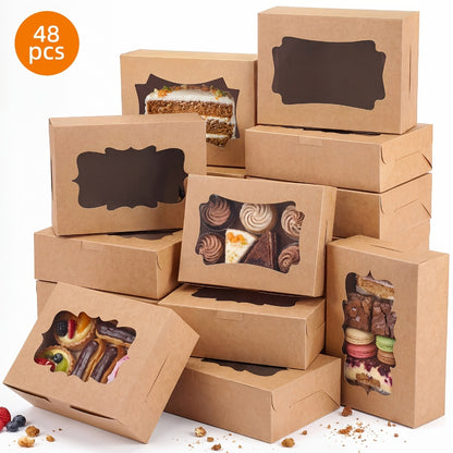 Cookie Boxes with Window 48 Pack – 8x6x2.5" Kraft Bakery Treat Boxes for Cookies, Macarons, Pastries & Cake, Brown & White Cardboard Gift Boxes for Birthday, Wedding & Holiday Packaging