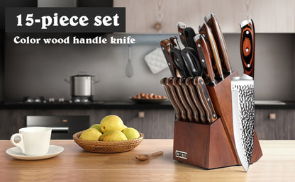 Kitchen Knife Set 15-Piece & 20-Piece Professional Chef Knives with Block Sharpener Ultra-Sharp Medium Carbon Stainless Steel Hammered Blade Wooden Handle Dishwasher Safe Gift for Men & Family