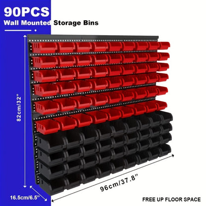 Wall Mounted Storage Bin Rack System – Heavy Duty Small Parts Organizer for Screws, Nuts, Bolts & Nails | Stackable Garage Workshop Tool Storage Rack | 30/60/90 Bins Hardware Organizer