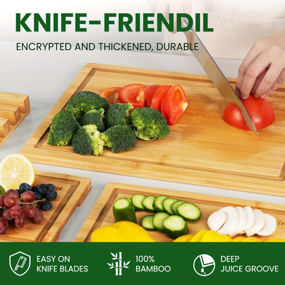 Bamboo Cutting Board Set 4pcs with Rack Juice Groove Knife Friendly Oversized Kitchen Chopping Boards for Meat Vegetables Fruit Multifunctional Gift for Family