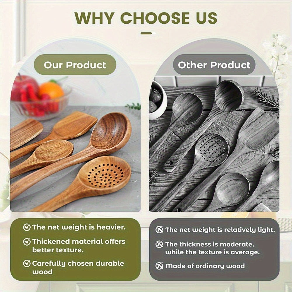 Wooden Kitchen Utensils Set – Natural Wood Spoon Spatula & Wok Spatula with Ergonomic Handle, Heat-Resistant Non-Stick Safe Cooking Tools, Easy to Clean Durable Kitchen Essentials (5 / 6 / 10 Piece Sets)