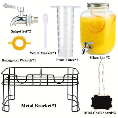 Glass Drink Dispenser with Fruit Infuser, Ice Cylinder & Stainless Steel Spigot – 1 Gallon Beverage Dispenser with Stand for Parties, Weddings, BBQ & Lemonade