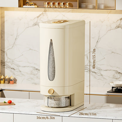 Rice Dispenser Storage Container Press Type Measuring Cup Moisture-Proof Sealed Grain Bin - Large Capacity Airtight Rice Storage Box for Rice Coffee Beans Flour Legumes Pet Food Kitchen Pantry Organizer