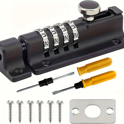 Combination Bolt Lock 4-Digit Heavy Duty Zinc Alloy Sliding Security Lock – Keyless Door Bolt with Screwdriver Set for Shed Gate Fence & Outdoor Doors, Black